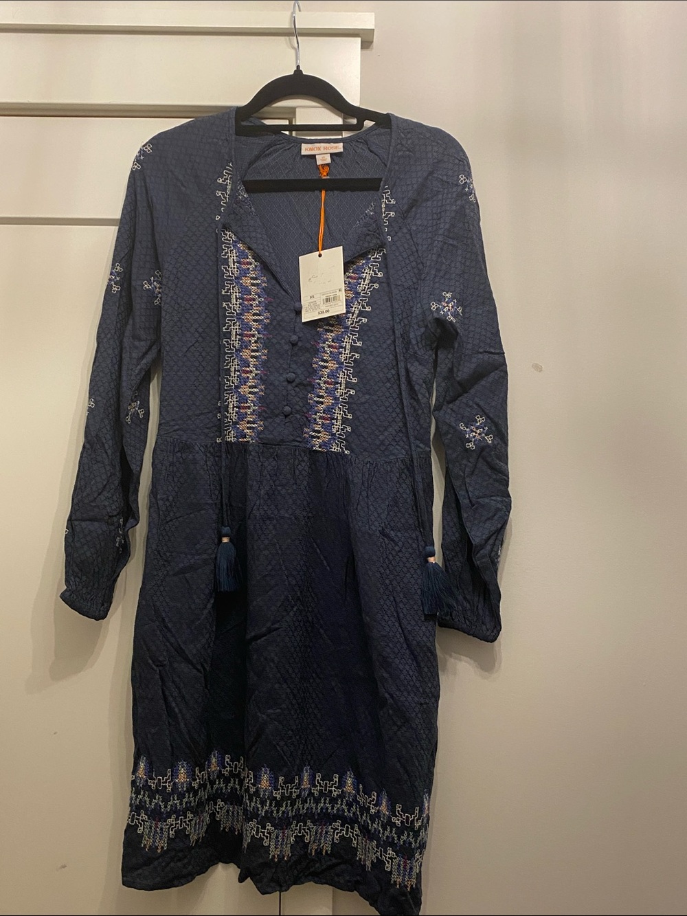 Knox Rose Navy Blue Embroidered Long-Sleeve Dress